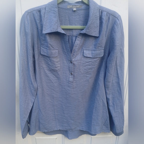 NY Collection Women's Light Blue With Hint Of Silver Button-down Shirt Size S - Picture 1 of 3